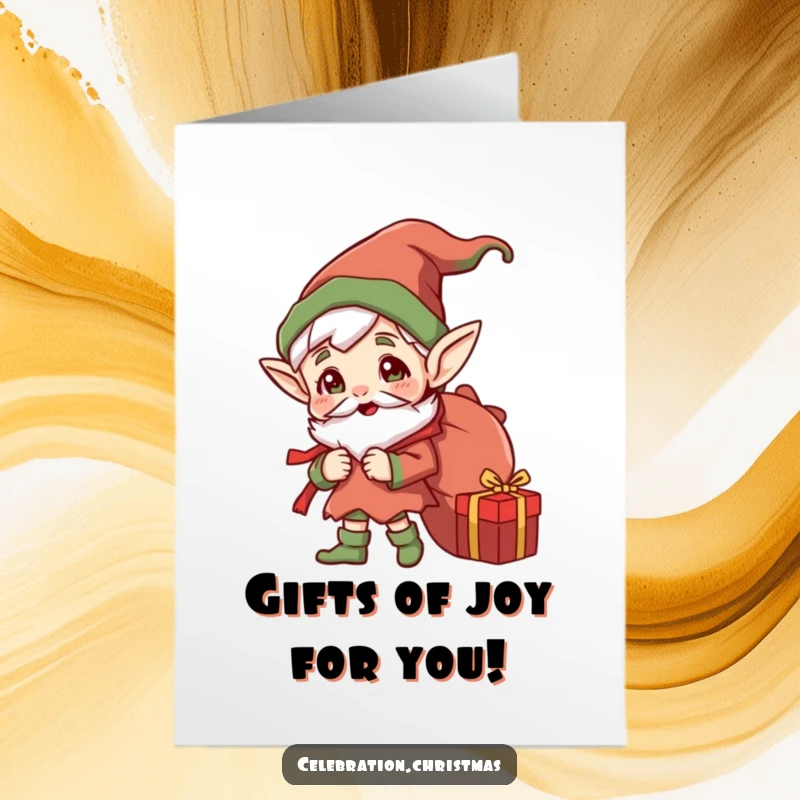 Free printable congratulations card with a jolly elf with pointed ears holding a sack brimming with gifts.