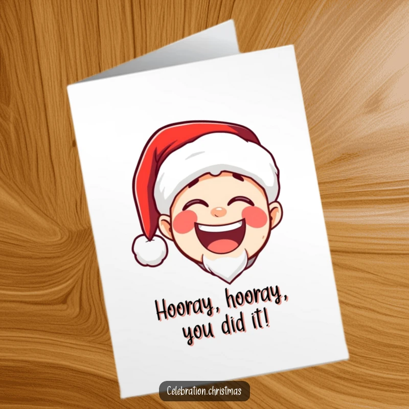 Funny free printable congratulations card: Santa character wearing a hat, erupting in a huge, joyful, booming laugh.