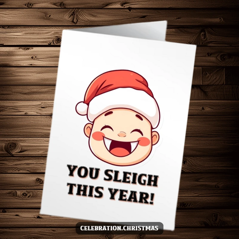 Funny Free Printable Congratulations Card: Kawaii Santa hat character with a huge joyful grin and rosy cheeks, celebrating success, downloadable art.