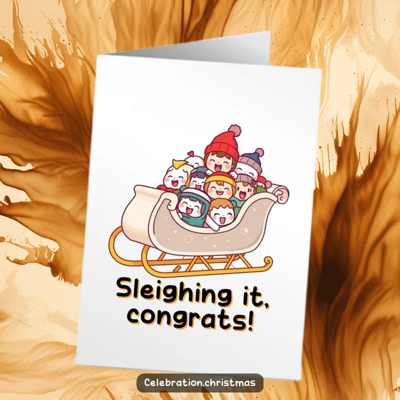 Funny Free Printable Sleigh Congratulations Card: A sleigh packed with laughing characters celebrates achievements with pure, unadulterated joy.