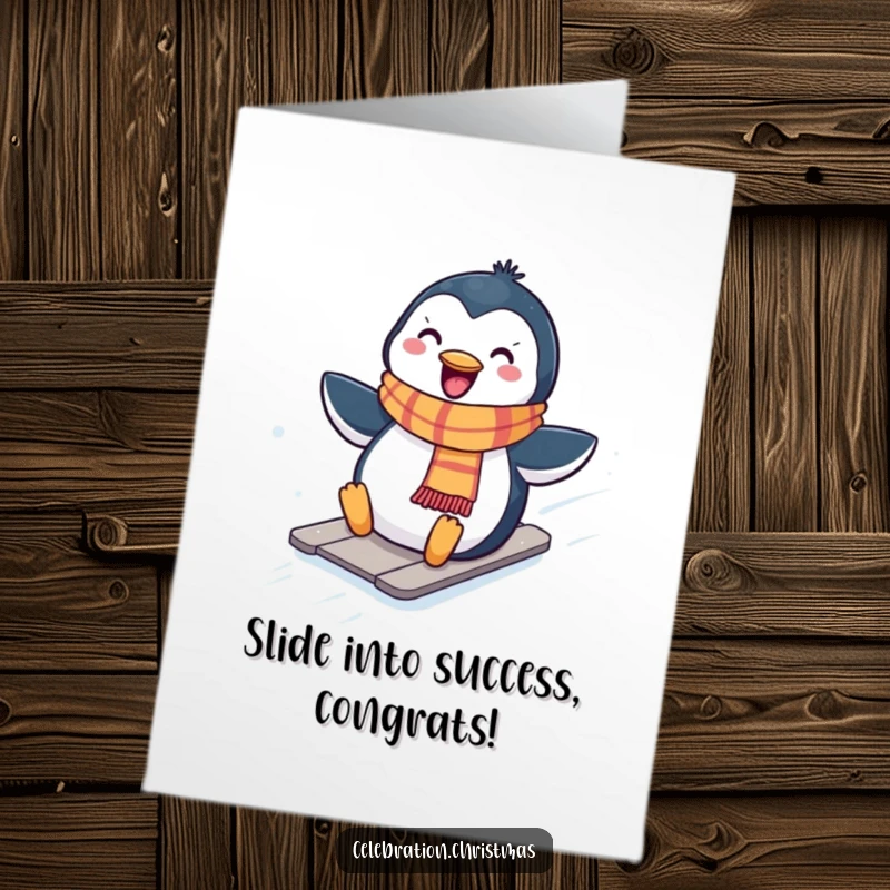 Funny Free Printable Congratulations Card: Kawaii penguin wearing a scarf, sliding down a snowy hill with pure joy.