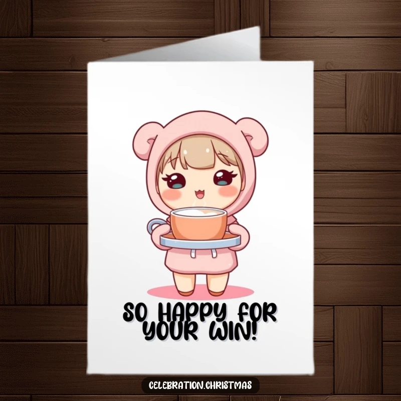 Free Printable Kawaii Cocoa Congratulations Card: Cute character smiling, offering hot cocoa for celebration.