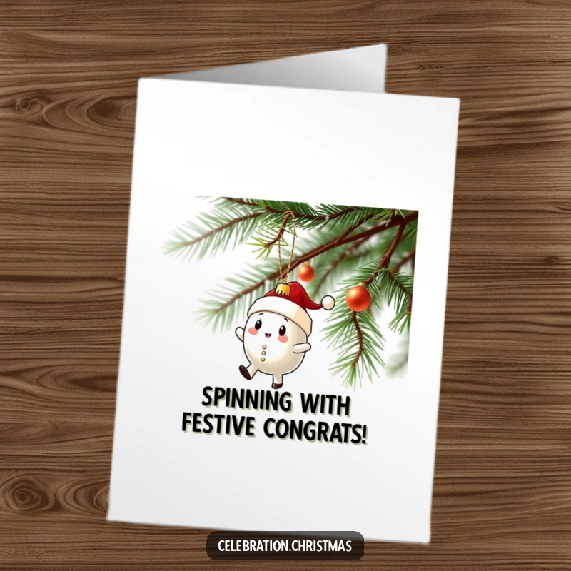 Funny Free Printable Congratulations Card: A Christmas ornament character performing a comically unstable spin on a branch.