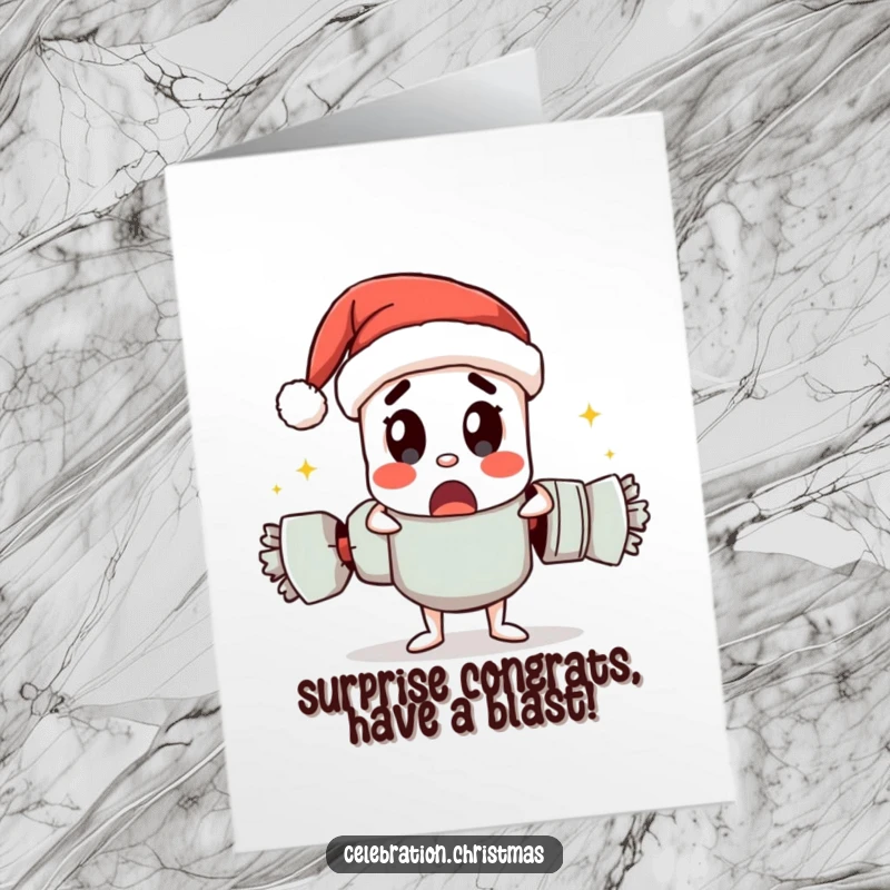 Funny Free Printable Congratulations Card: A Christmas cracker character unexpectedly pulling itself apart with a shocked look.