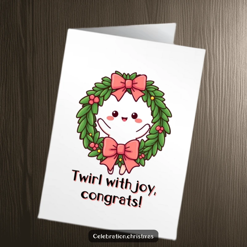 Funny Free Printable Congratulations Wreath Card: A festive wreath with a lively bow doing a celebratory twirl. A downloadable success card.