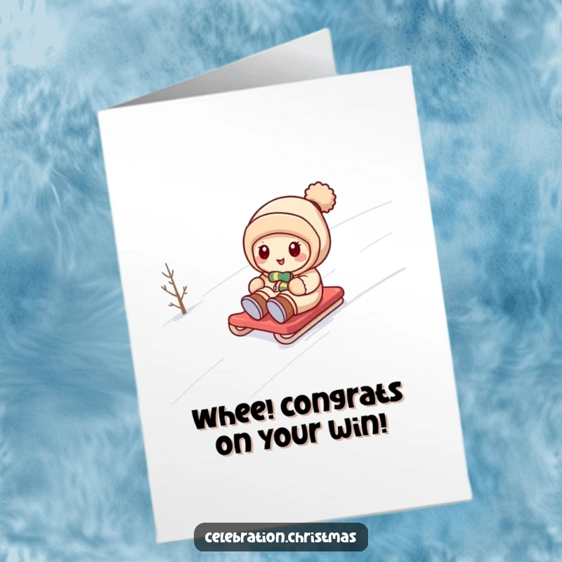 Funny Free Printable Congratulations Card: A kawaii character gleefully sliding down a snow-covered hill on a sled.