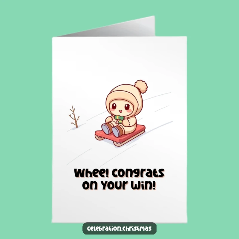 Free Printable Kawaii Congrats Card: Snow Sledding Fun - Downloadable Joy