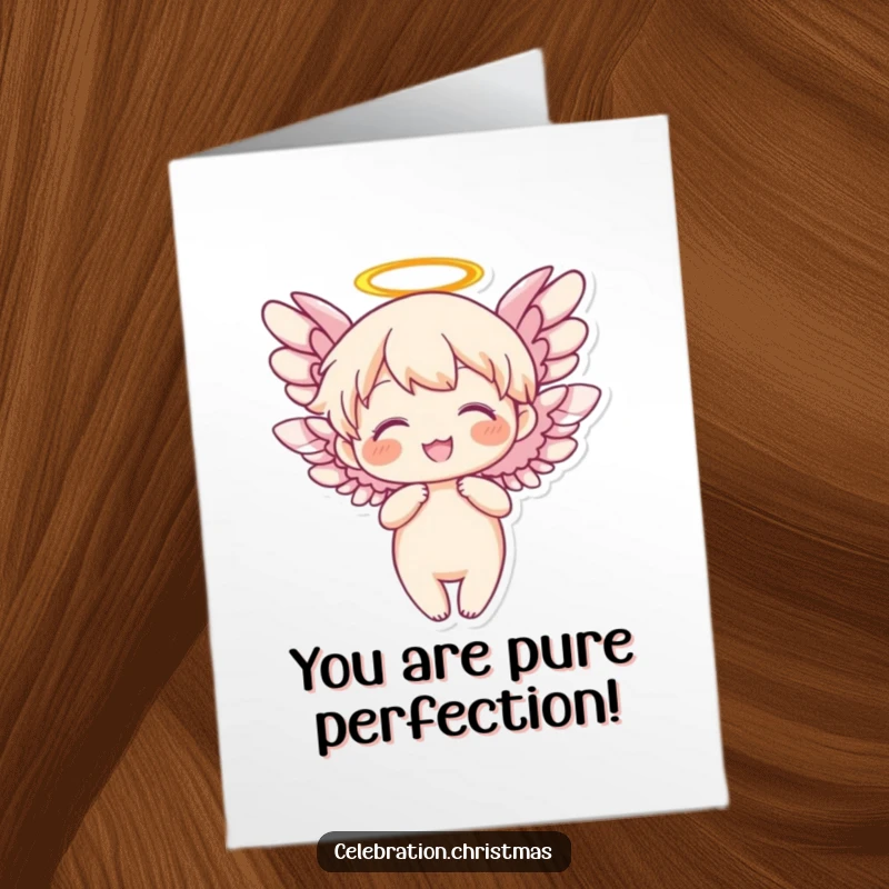 Free Printable Congratulations Card: Angel character with wings in joyful mid-flap motion.