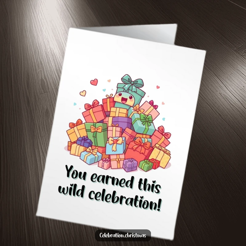 Funny Free Printable Congratulations Card: Presents bouncing energetically, symbolizing joyous congratulations and excitement for achievements.
