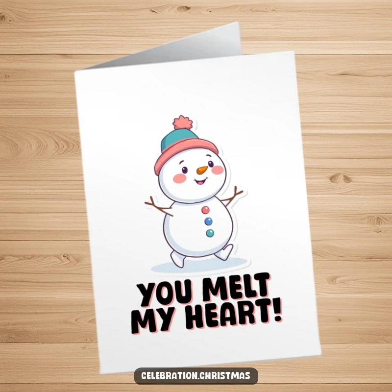 Funny Free Printable Congratulations Card: A snowman character with a tilted hat waddling joyfully, cartoon, downloadable gift.