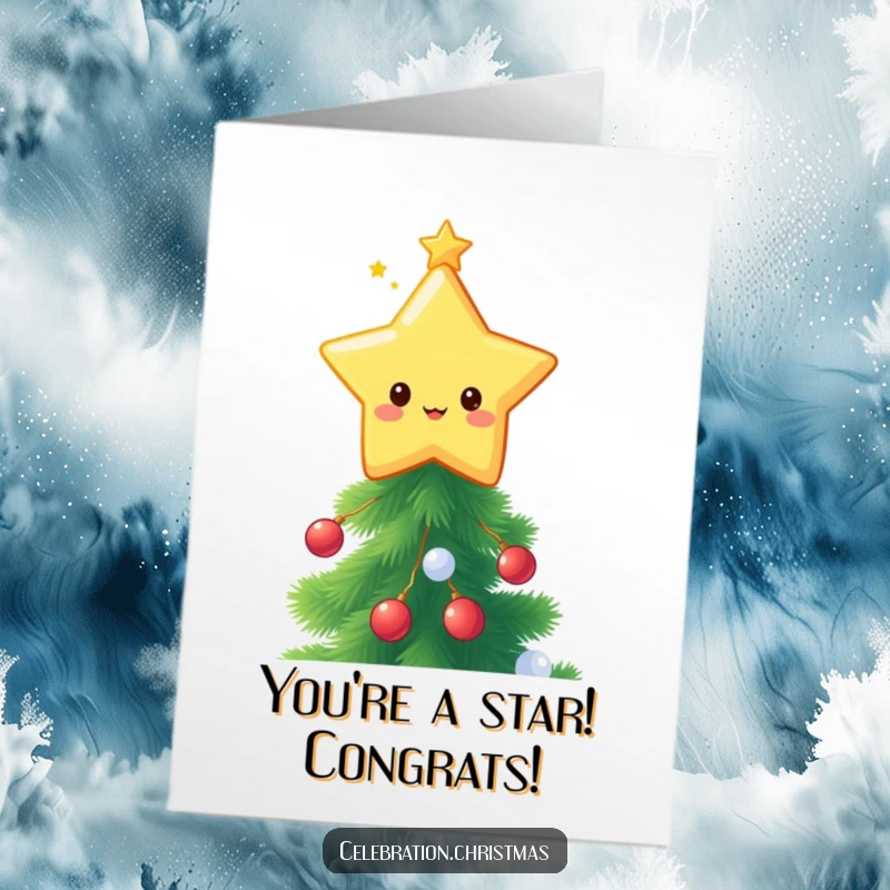 Funny Free Printable Congratulations Card: A cute kawaii star topper character twinkling brilliantly on a holiday tree.