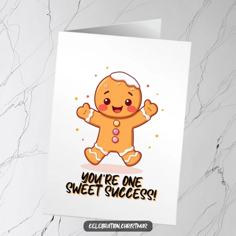 Free printable congratulations card showing a gingerbread man doing a happy jig, covered in frosting sprinkles, perfect for festive well wishes.