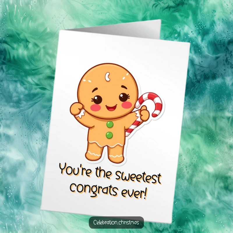 Funny Free Printable Congratulations Card showing a happy gingerbread cookie character holding and waving a striped candy cane.