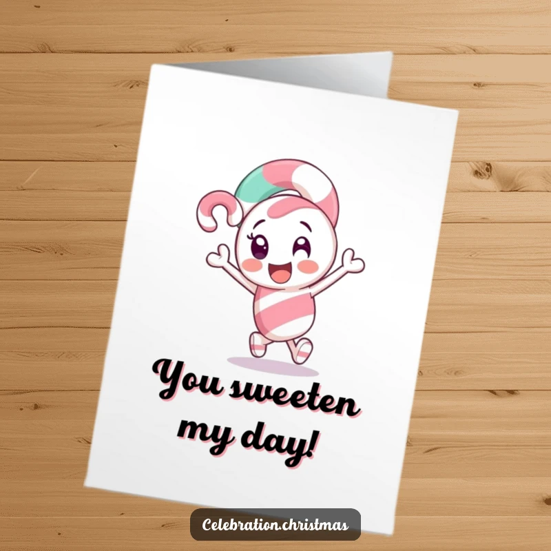 Funny Free Printable Congratulations Card: Candy cane character excitedly leading the way, celebrating achievements, downloadable art.