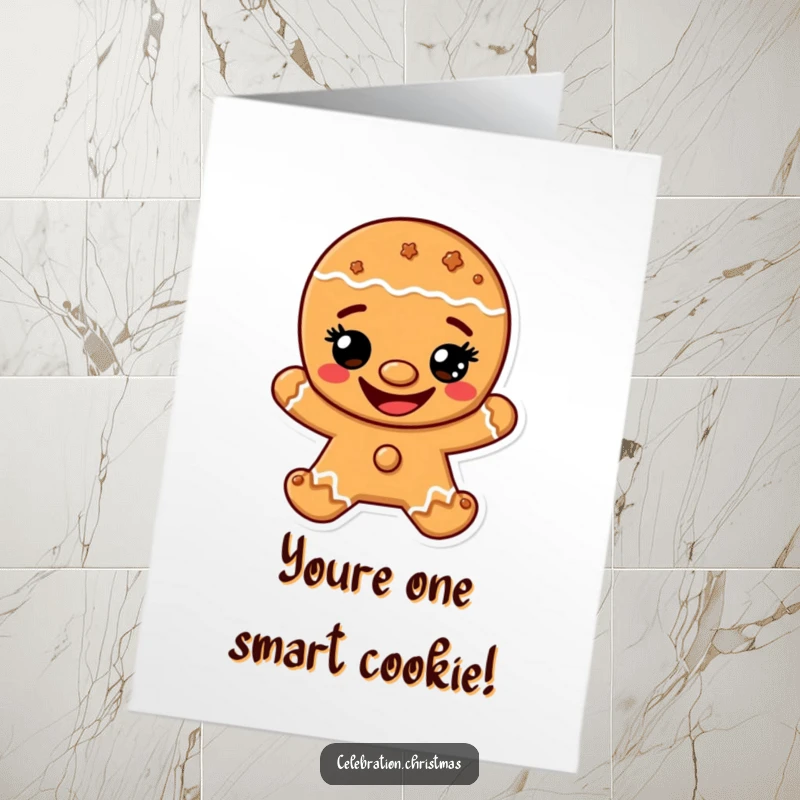 Funny Free Printable Congratulations Card: A gingerbread man with a wide cookie grin, happy cartoon, downloadable gift.