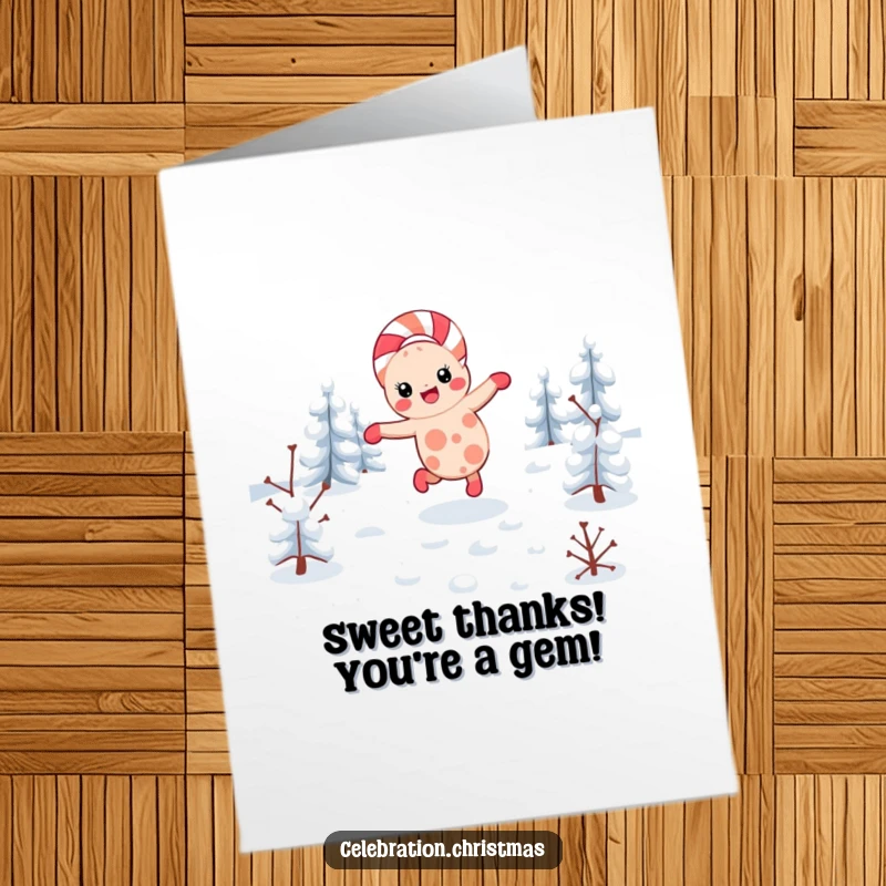 Funny Free Printable Thank You Card: a kawaii candy cane cartwheels through snow, sending thanks.