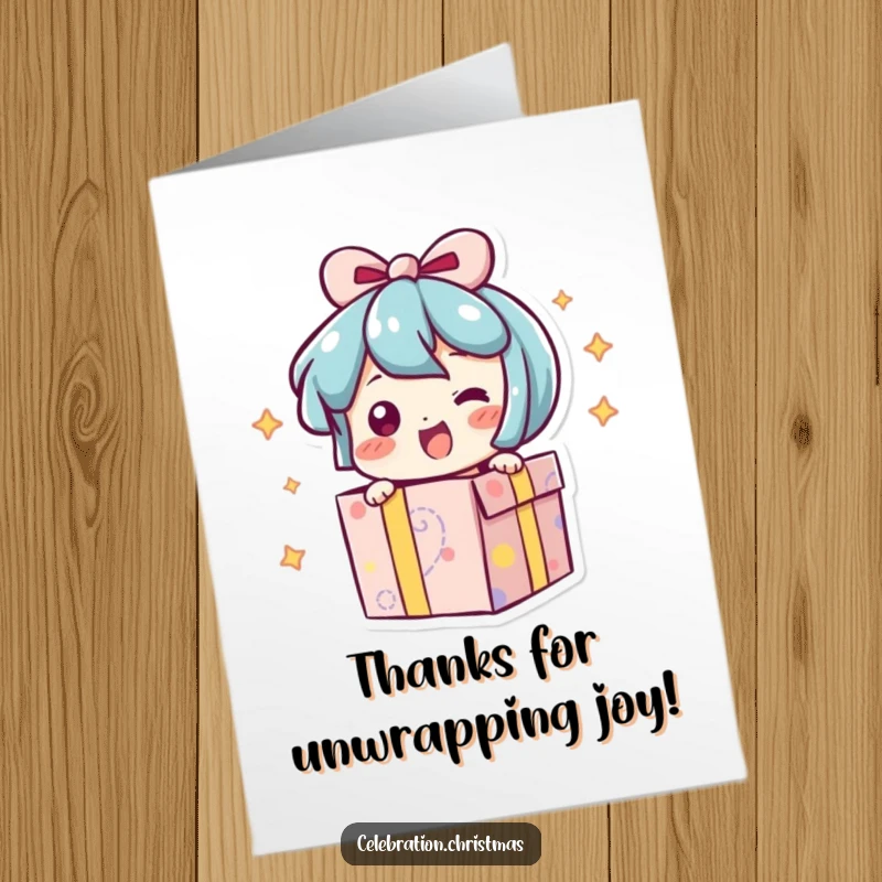 Funny Free Printable Thank You Card: A present character radiating excitement, bursting open with a happy wiggle.