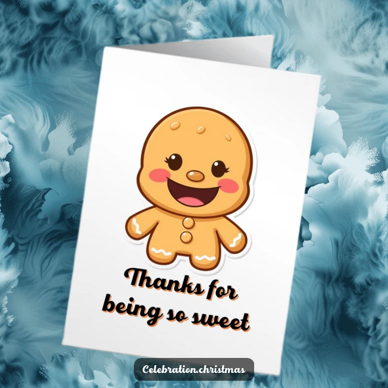 Funny Free Printable Thank You Card: Gingerbread man shows off a massive, cheerful cookie grin.