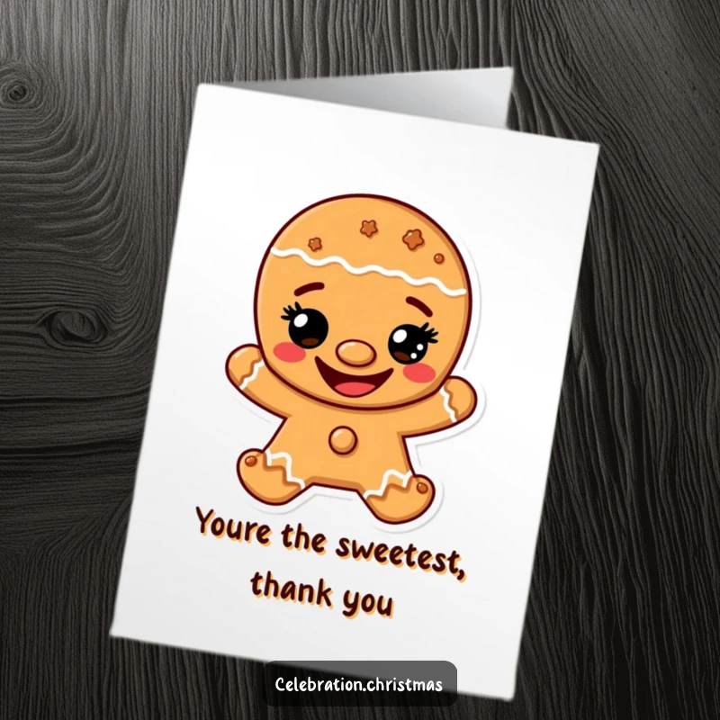 Funny Free Printable Thank You Card: A gingerbread man character with a big cookie grin, cartoon, perfect downloadable gift.