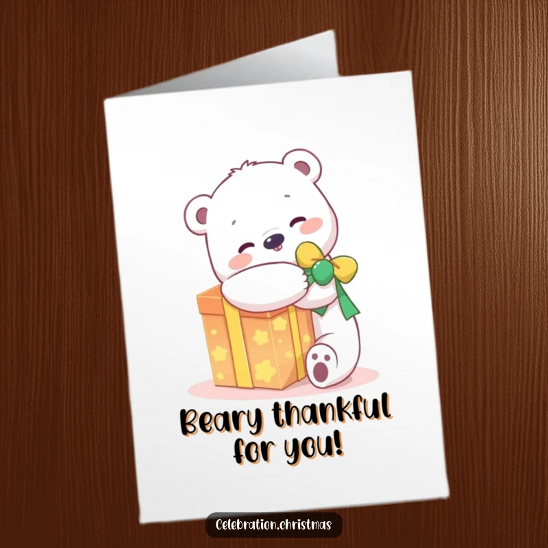 Funny Free Printable Thank You Card: a kawaii polar bear hugs a giant glowing present, expressing thanks.