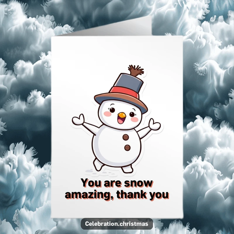 Funny Free Printable Thank You Card: A happy snowman waddling with obvious delight, hat askew.