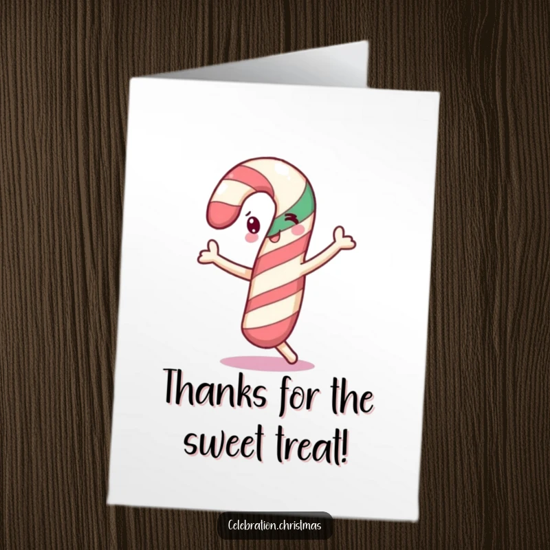 Funny Free Printable Thank You Card: A cheerful candy cane caught mid-dance with a happy sway.