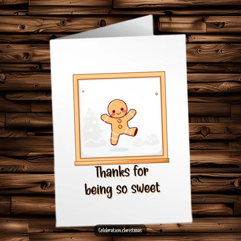 Funny Free Printable Thank You Card: Kawaii gingerbread person dancing on a frosted window pane to say thank you sweetly.