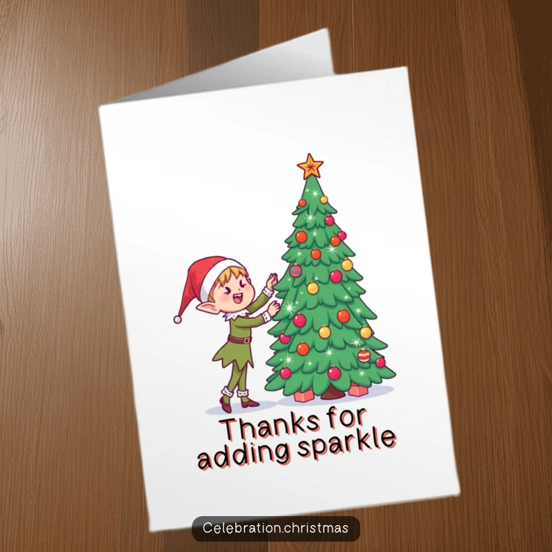 Funny Free Printable Thank You Card: Kawaii elf joyfully decorating a Christmas tree to say thank you with festive flair.
