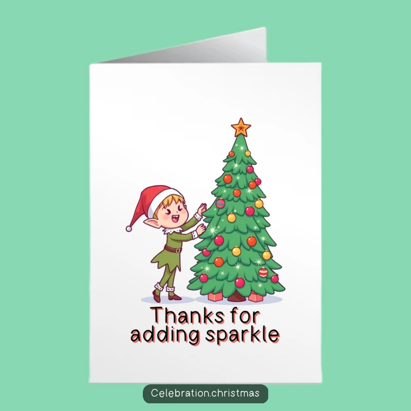 Free Printable Thank You Card: Elf Decorating Tree - Festive Thankful Downloadable