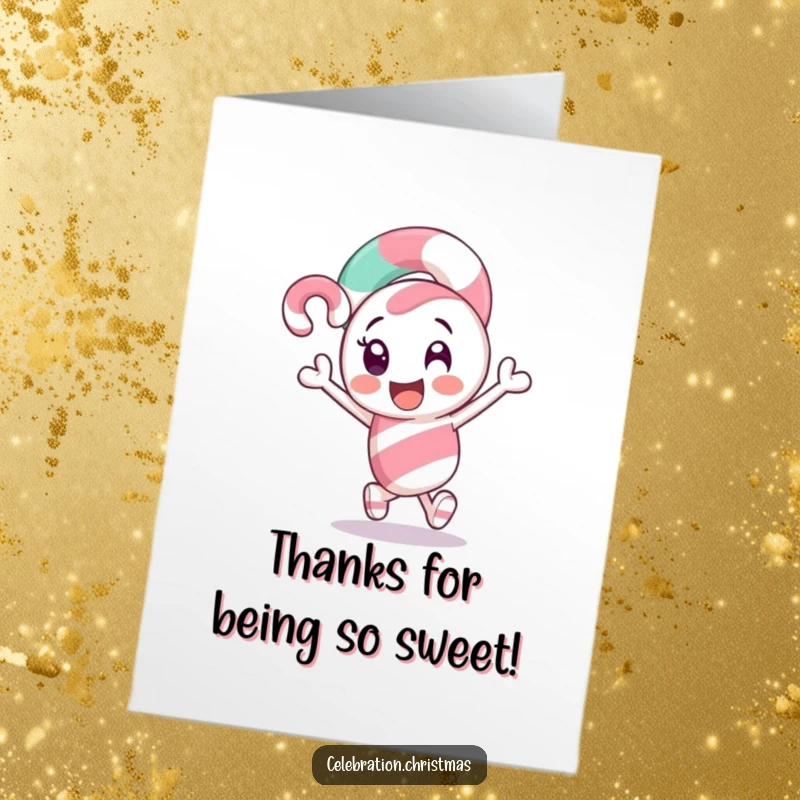 Funny Free Printable Thank You Card: Candy cane character excitedly leading the way, delivering thanks, downloadable art.