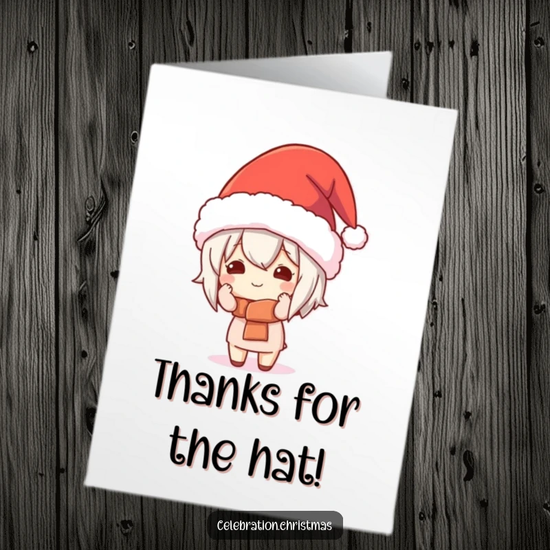 Funny Free Printable Thank You Card: Kawaii character looking amusing in an oversized festive hat, expressing thanks.