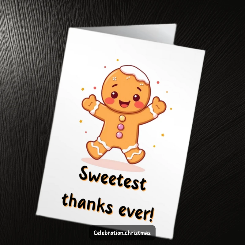 Funny free printable thank you card: a gingerbread man doing a joyful jig, sprinkles flying, perfect for expressing quirky gratitude.