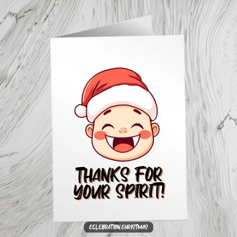 Funny Free Printable Thank You Card: Kawaii Santa hat character with a huge joyful grin and rosy cheeks, expressing thanks, downloadable art.