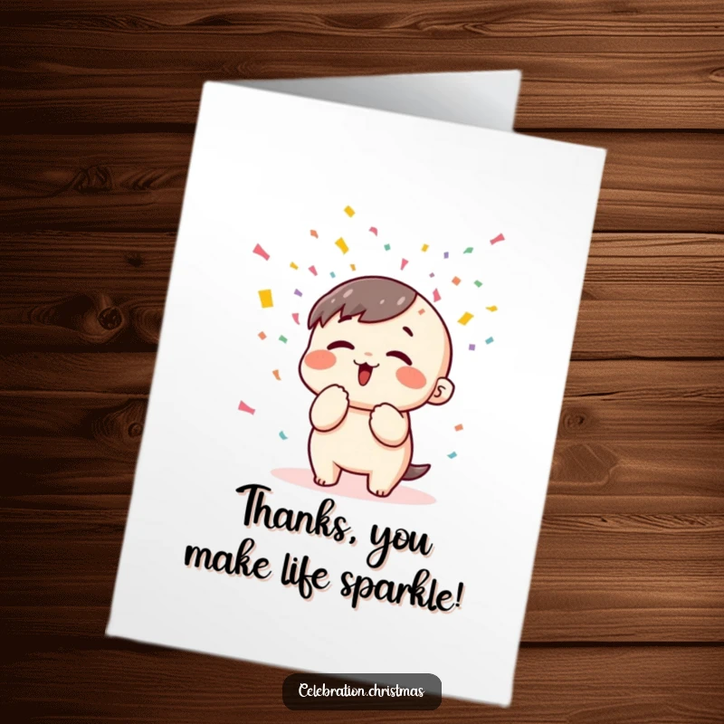 Funny Free Printable Thank You Card: Kawaii character joyfully blowing colorful confetti, celebrating your thanks.