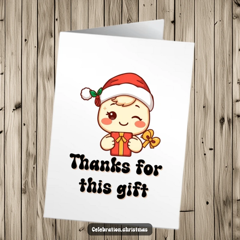 Funny Free Printable Thank You Card: A cute smiling kawaii character in a Santa hat holding a gift, expressing thanks.