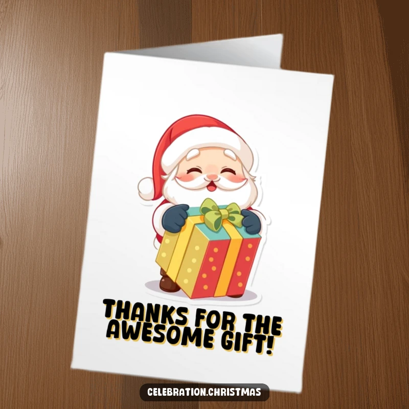Funny Free Printable Thank You Card: Adorable Santa Claus eagerly opening a bright gift, expressing thanks with delight.