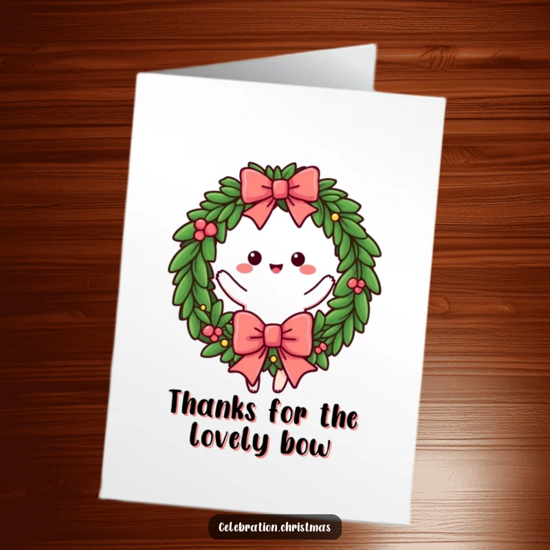 Funny Free Printable Thank You Wreath Card: A decorative wreath with a jaunty bow performing a joyful twirl. A downloadable gift of thanks.