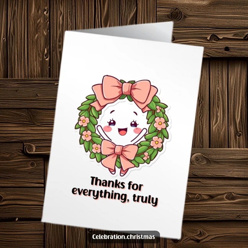 Funny Free Printable Thank You Card: A festive wreath with a large bow, captured mid-twirl.