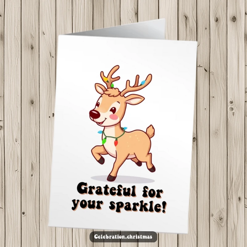 Funny Free Printable Thank You Card: A happy reindeer prances, its antlers lit with festive lights, expressing thanks.
