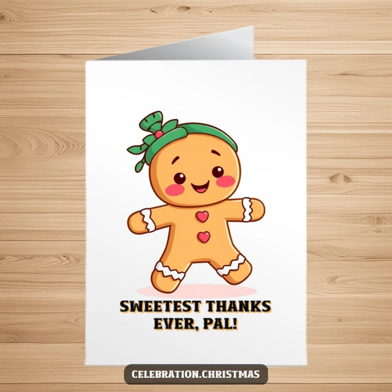Funny Free Printable Thank You Card: A joyful gingerbread person doing a merry jig, great for a sweet DIY downloadable gift.