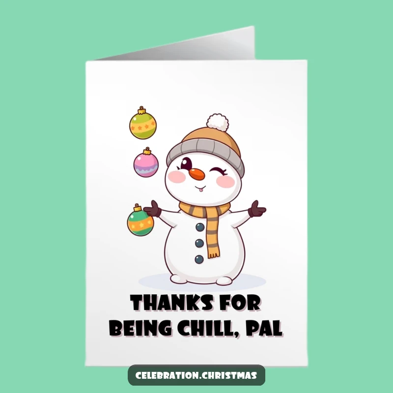 Free Printable Thank You Card: Mischievous Snowman Juggling - Funny Thankful Downloadable