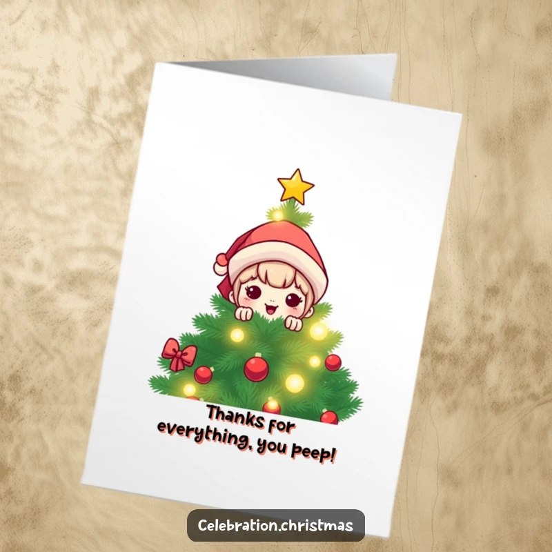 Funny Free Printable Thank You Card: A kawaii character peeks from behind a sparkly Christmas tree, full of holiday spirit.