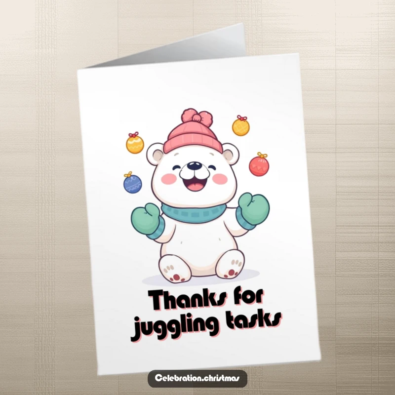 Funny Free Printable Thank You Card: Cute polar bear wearing mittens, juggling colorful baubles with a delighted grin.