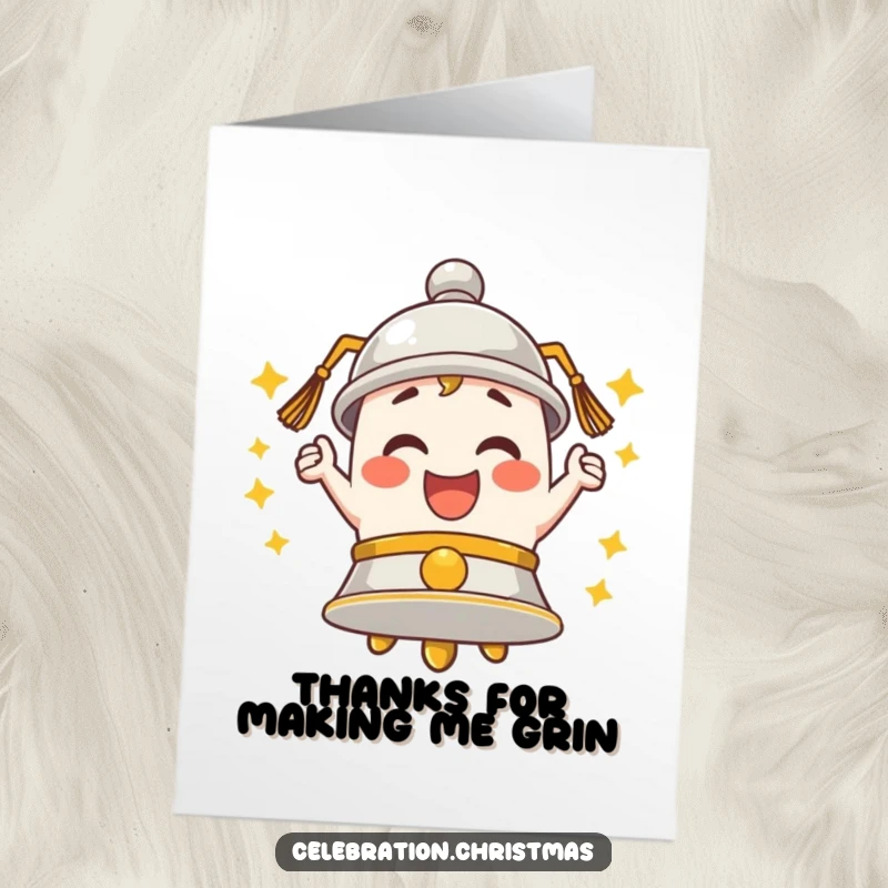 Funny Free Printable Thank You Card: A bell character ringing out with infectious, enthusiastic merriment.
