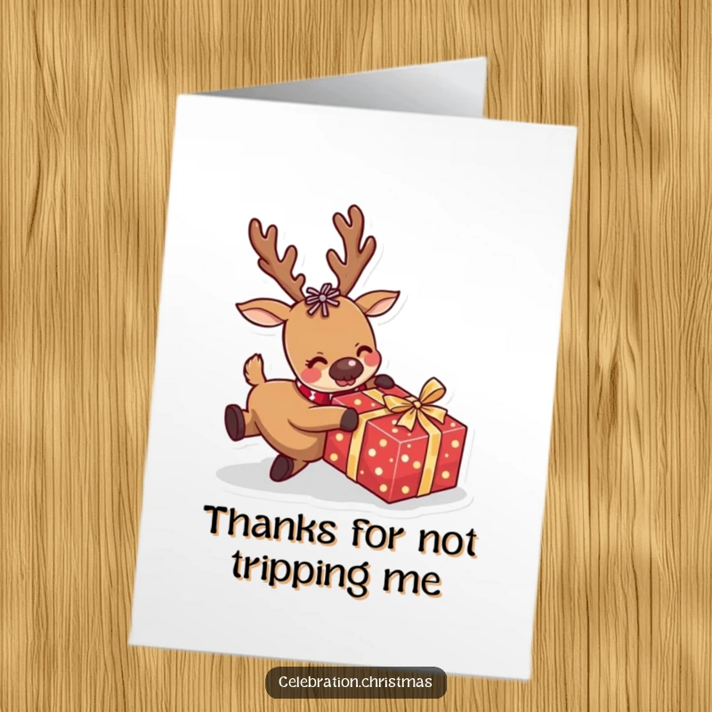 Funny free printable thank you card: a reindeer comically stumbling over a packed present, ideal for a humorous thank you.