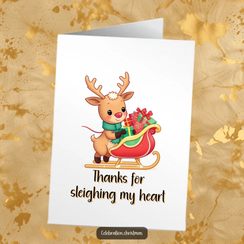 Funny Free Printable Thank You Card: A kawaii reindeer happily pulls a sleigh piled high with glistening presents, offering thanks.
