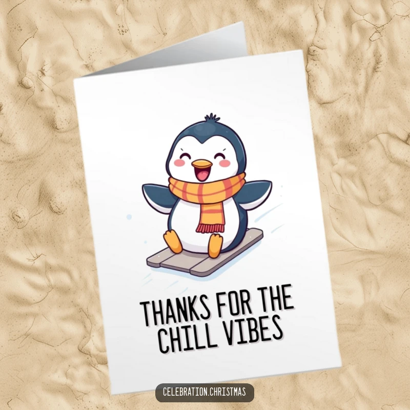 Funny Free Printable Thank You Card: Kawaii penguin wearing a scarf, sliding joyfully down a snowy hill.