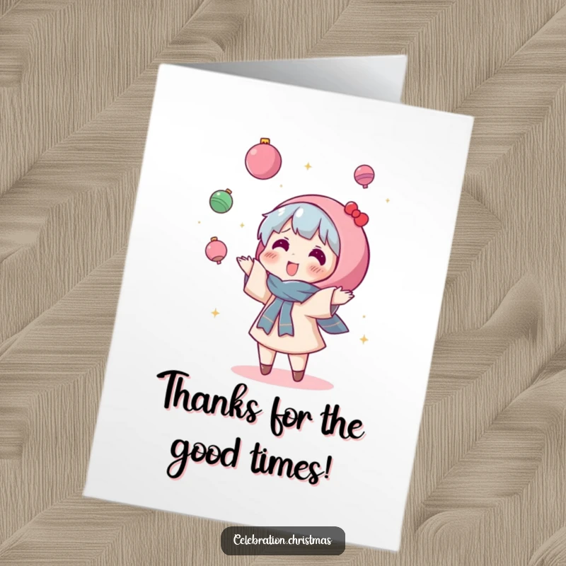 Funny Free Printable Thank You Card: Whimsical kawaii character joyfully tossing sparkly ornaments, expressing thanks with flair.