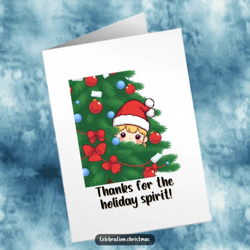 Funny Free Printable Thank You Card: Santa hat character peeking adventurously from a massive Christmas tree.