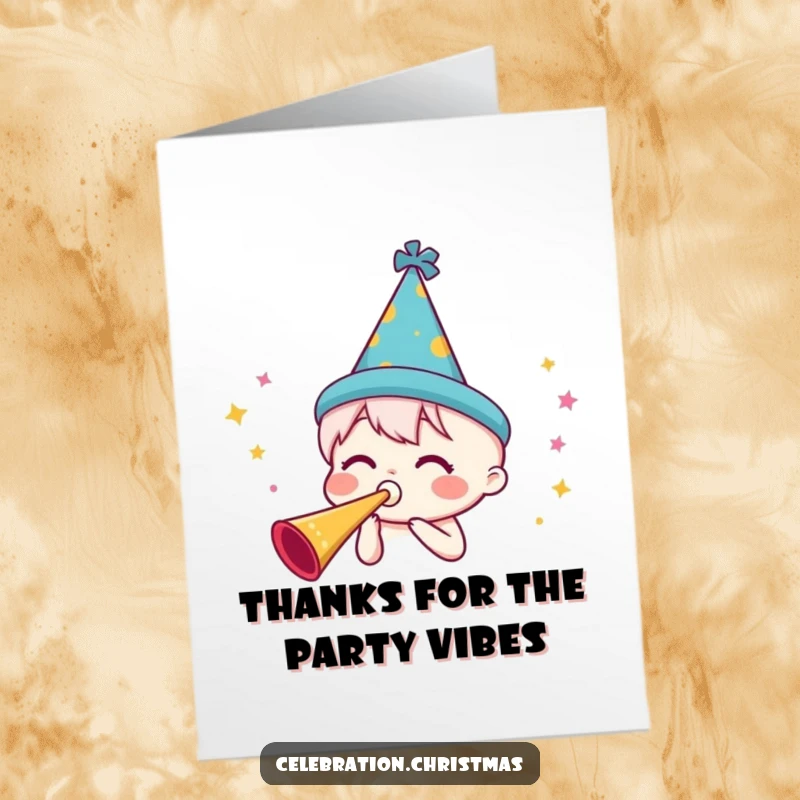 Funny Free Printable Thank You Card: A character in a festive hat blows a party horn, sending thanks with downloadable flair.